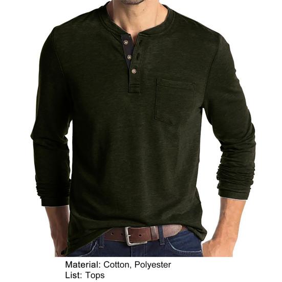 O-Neck Long Sleeve Pocket Men Shirt Buttons Neck Solid Color Pullover Top for Autumn Winter
