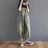 Age-reducing Printed Denim Overalls Women's Summer Literature and Art Large Size High Waist Slimming Small Feet One-piece Pants