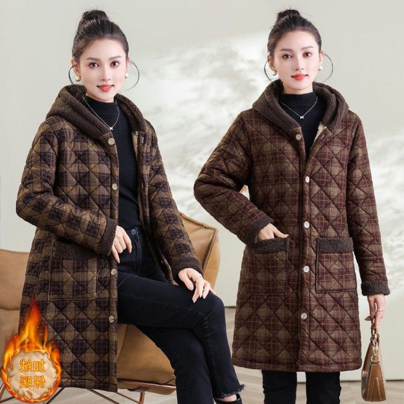 Women's Winter Hooded Plaid Cotton Jacket: Thick, Warm, Mid-Length Coat with Plus Velvet Lining