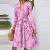 Women's Fashion Casual V-Neck Long Sleeve Waist Floral Print Midi Dress