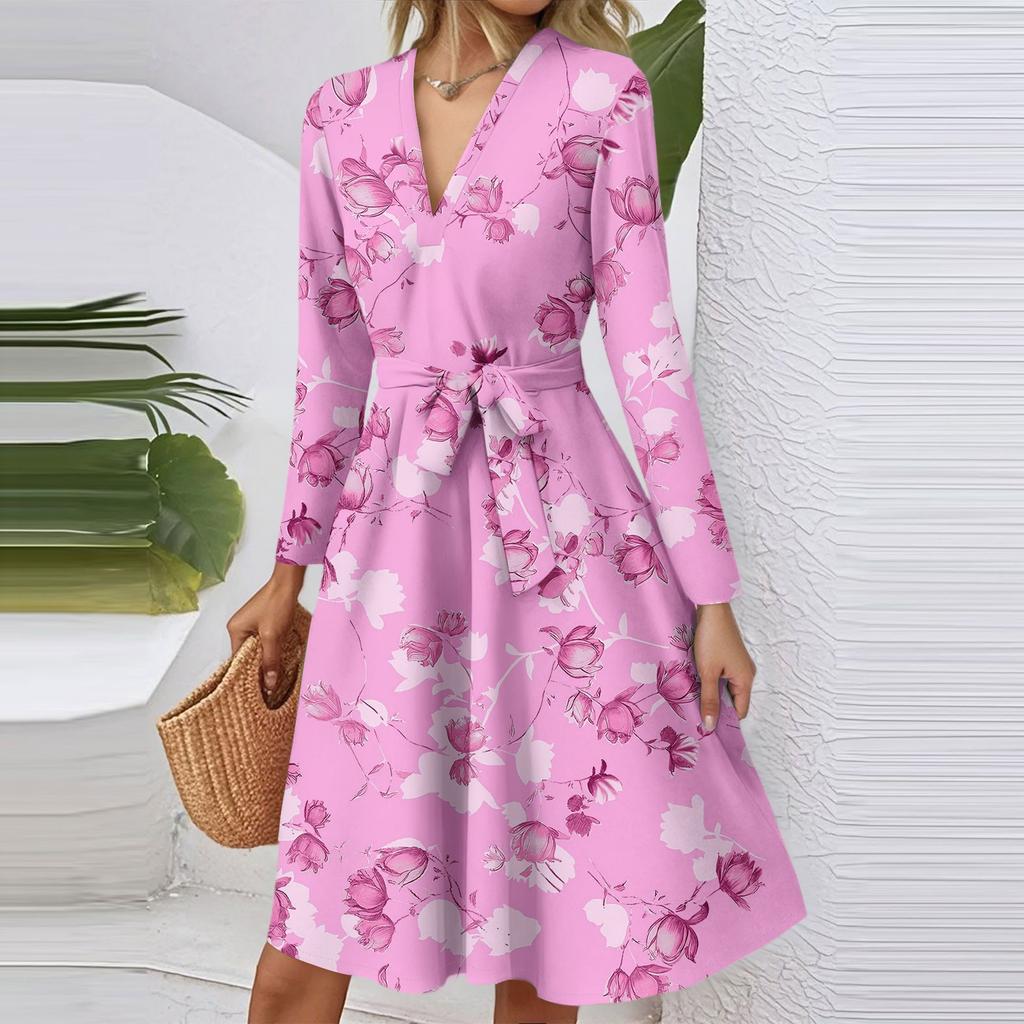 Women's Fashion Casual V-Neck Long Sleeve Waist Floral Print Midi Dress