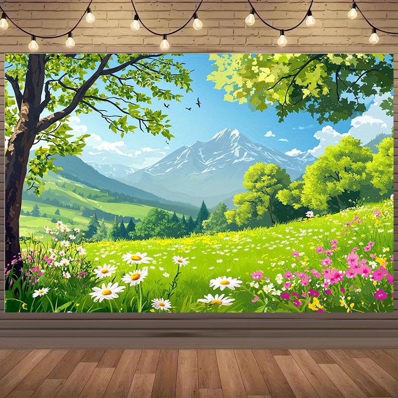 1 Piece 2D Background Cloth. Embracing Spring. Fresh Grassland and Blooming Flowers Adorn the Background Cloth.