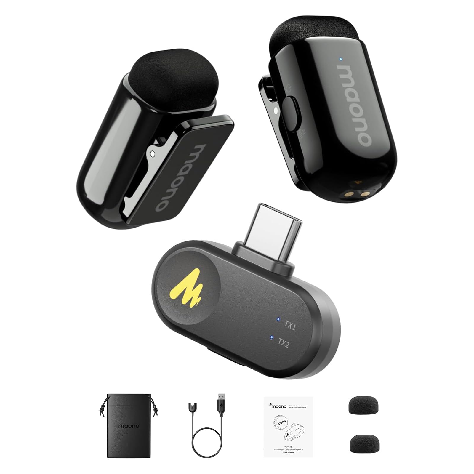 

MAONO Lavalier Microphone Wireless Microphone Small and Noise Reduction Smartphone Compatible Sound Pickup 100m Transmission 6 Hours Use AI Voice чорний