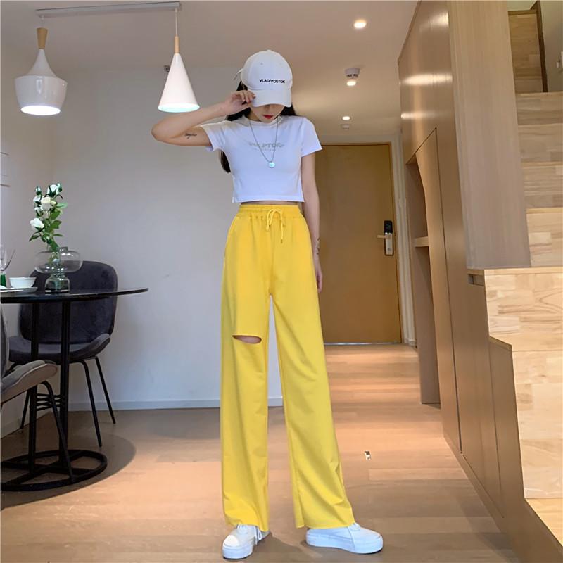 New Summer Loose Drawstring Ripped Wide-leg Trousers Solid Color Pants Loose Casual Trousers