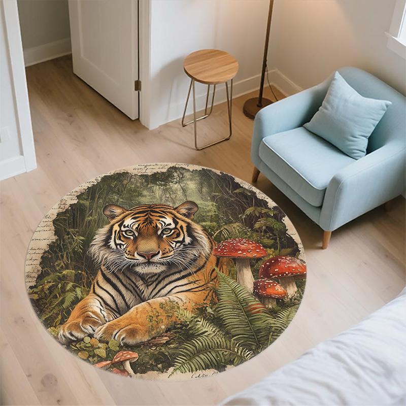 Vintage Tiger,Round Area Rug,Carpet Rug for Living Room Bedroom Sofa Playroom Decor,Non-slip Floor Mat