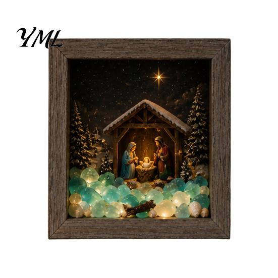 Miniature Landscape Art Christmas Sea Glass Shadow Box Night Light, 3D Winter Snow Scene Wooden Holiday Gift for Friends Frame with LED Warm