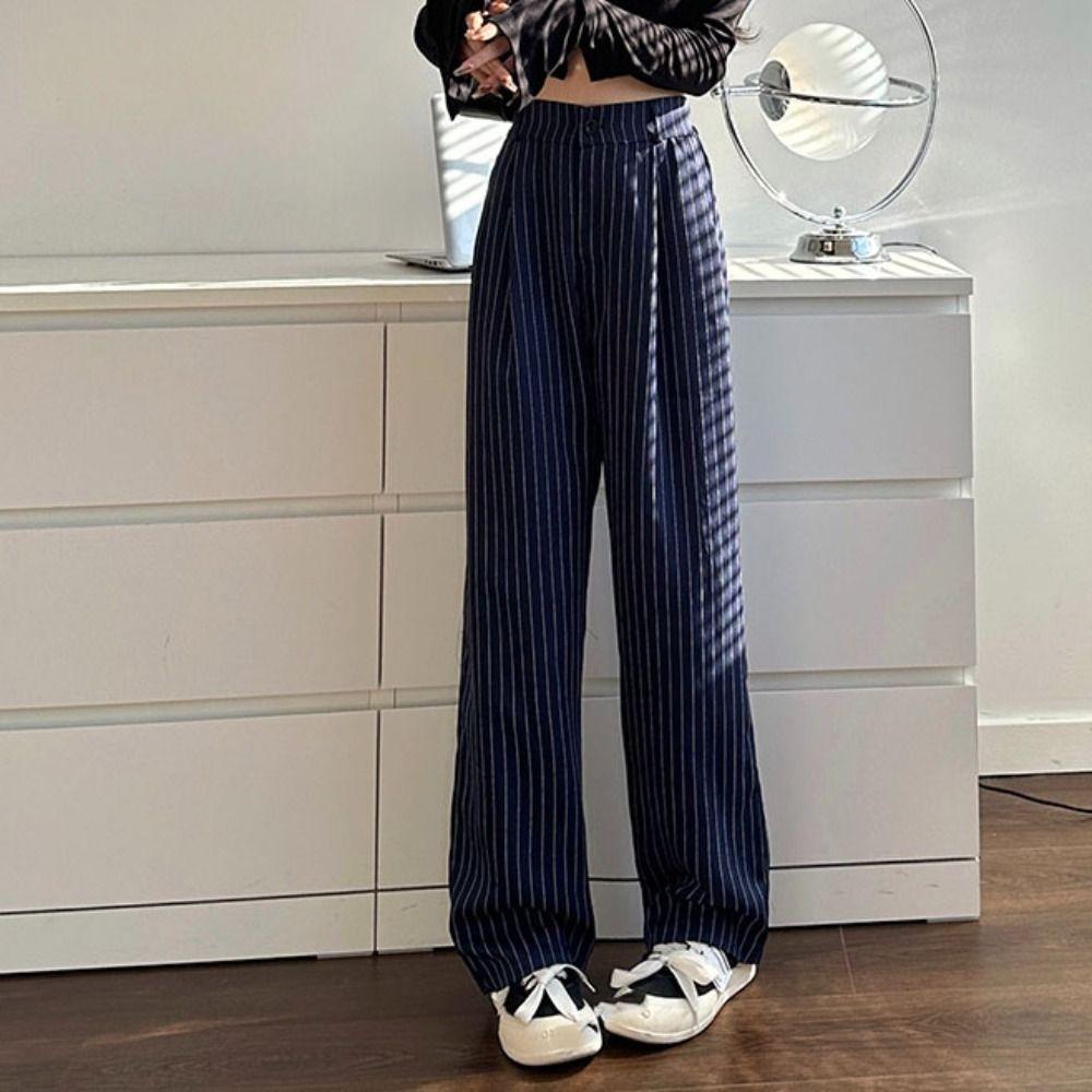 Workout Trousers Casual Pants Women High Waist Wide Leg Pants Breathable Striped Suit Pants Female