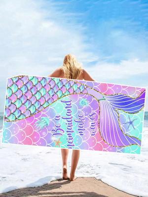 1Pc Colorful Mermaid Tail Print With Inspirational Quote Quick Dry Lightweight Breathable Comfortable Beach Towel For Summer Use