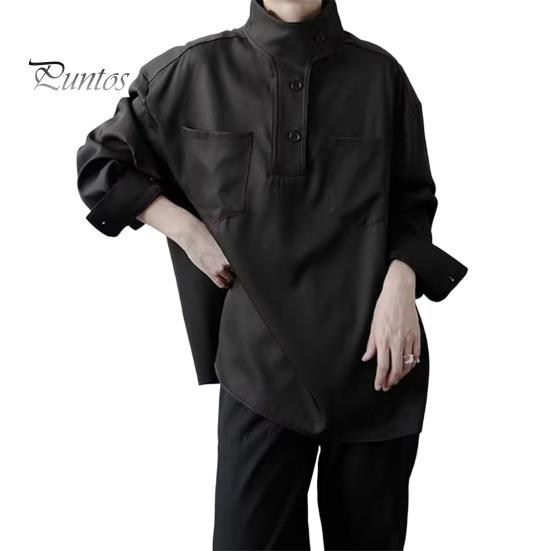 

Жіноча сорочка з напіввисоким коміром, ґудзиками, половинним закриттям, довгими рукавами, з кишенями, суцільний колір, вільний крій, пуловер, топ M чорний