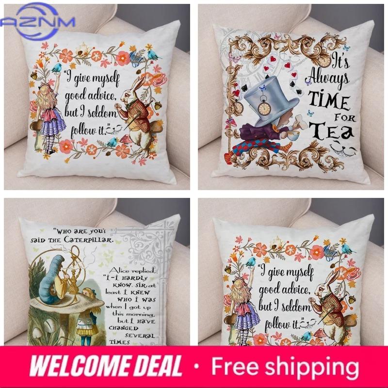 Alice In Wonderland Cushion Cover Cute Rabbit Cat Printed Sofa Pillow Vintage Home Decorative Pillow Case for Children Room