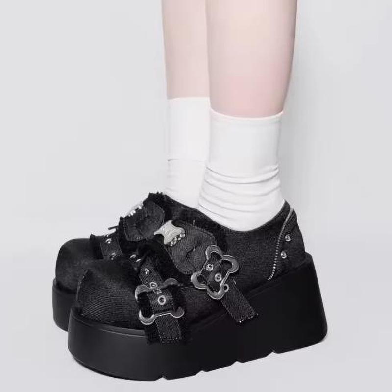 Klobige Plateaustiefeletten Damen Winter Y2K Dicke Sohle Denim Damen Schwarz Gothic Lolita Schuhe