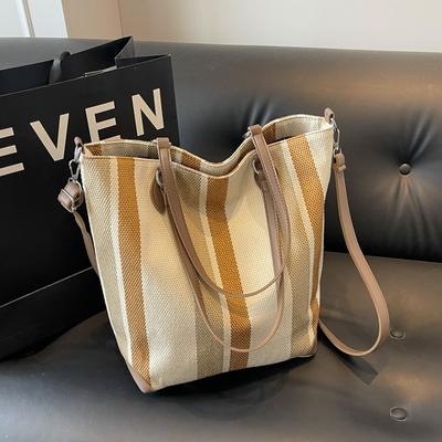 Striped Canvas Bag Women's Large-capacity New Fashion Portable Shoulder Bag Student Class Tote Bag