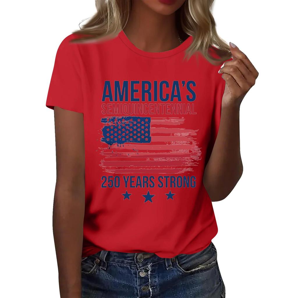 Women's Casual Short Sleeve Graphic T Shirt Crew Neck Top America Semiquincentennial 250 Years Strong Print Tee