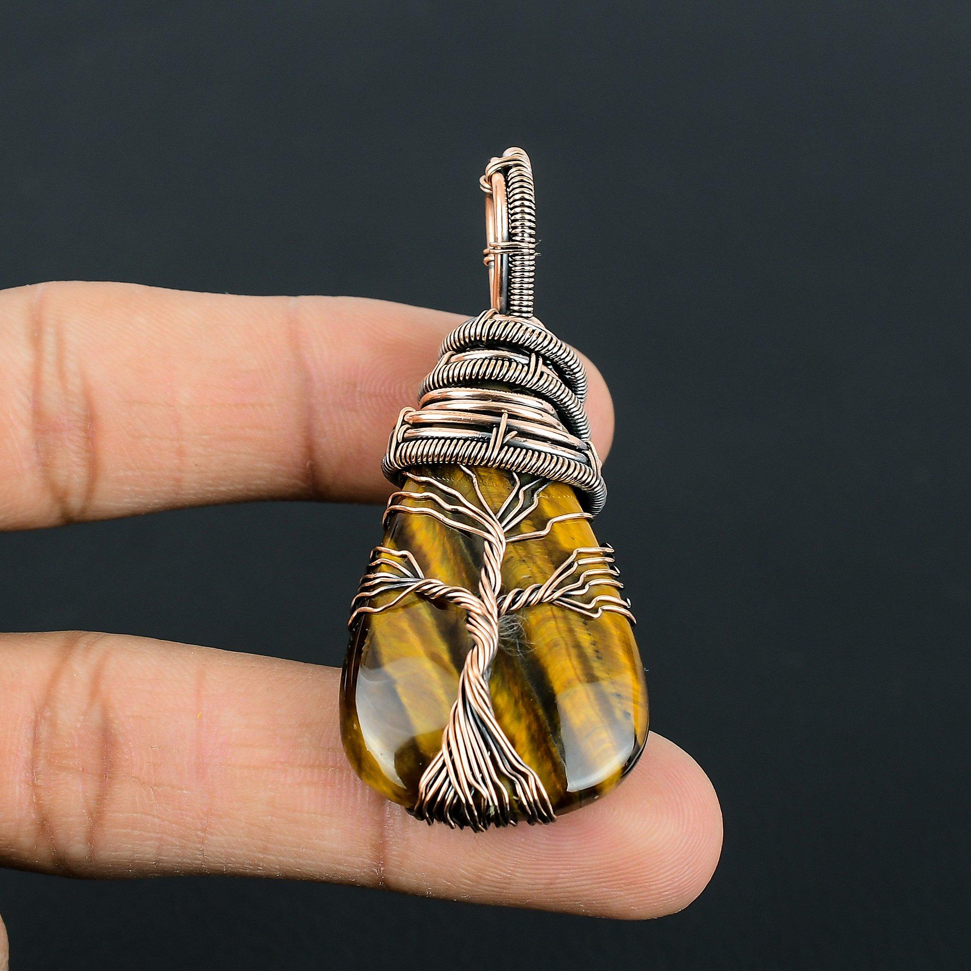 

Тигровый глаз драгоценный камень ручной работы из чистой медной проволоки обернутый кулон ювелирные изделия для женщин 2.56 Inches жёлтый