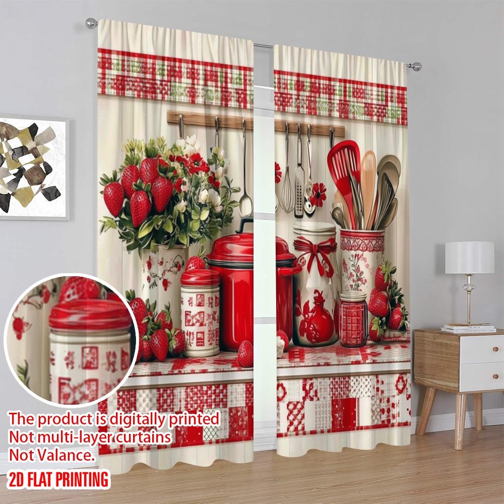 2pcs,2D Plane Printing Curtains Roller Blinds Strawberry Kitchen Durable 100% Polyester Fabric (without Rod) Decorations Inside