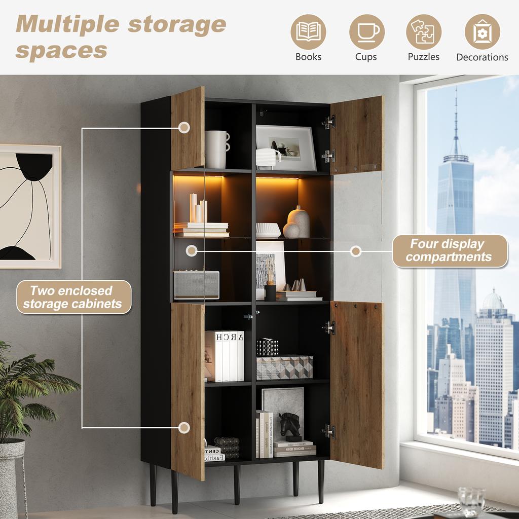 Modern Tall Cabinet with 10 Storage Compartments and Glass Doors, LED Lighting - 80*35*180cm (W/H/D), Natural Wood Color + Black, Display Cabinet
