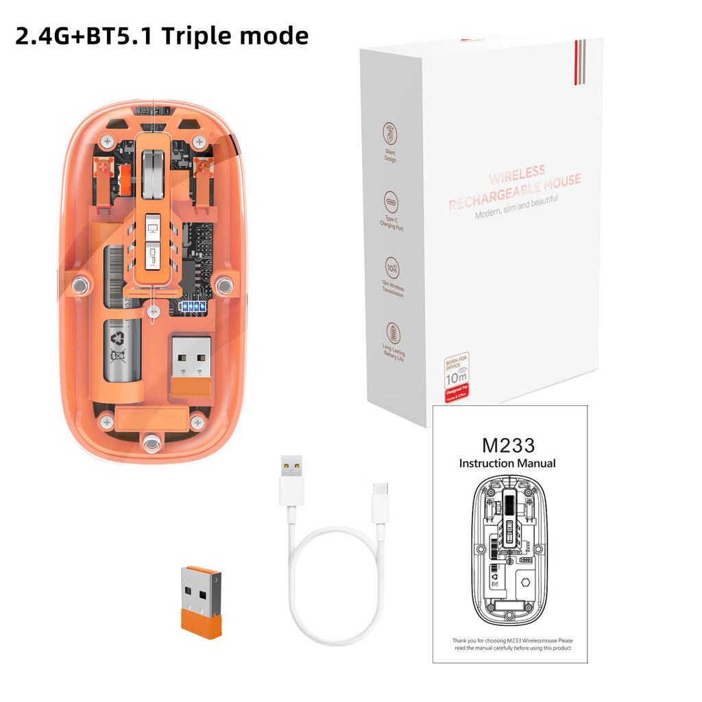 The Third Mock Examination Transparent Mouse 2.4G Wireless And BT5.1 Rechargeable Built-in 500mA Lithium Battery Mute