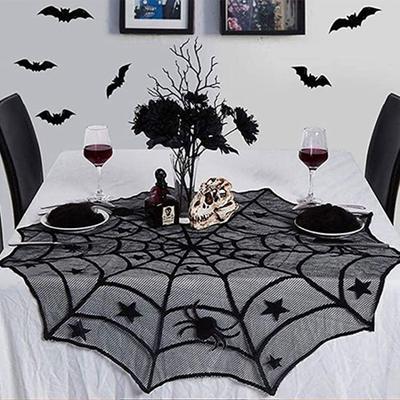Halloween Lace Spider Web Table Runner Tablecloth Halloween Black Fireplace Mantel Cover for Home Party Halloween Decoration