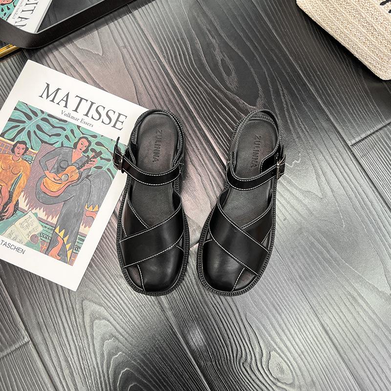 

Cowhide version~ Baotou sandals women s summer woven soft-soled beach sandals women s retro buckle flat sandals 40 чёрный