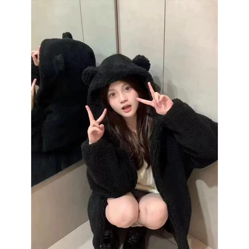 Slightly Plump Plus Size Lambswool Teddy Bear Coat with Black Bear Ears - Thick Fluffy Hooded Overcoat for Autumn and Winter