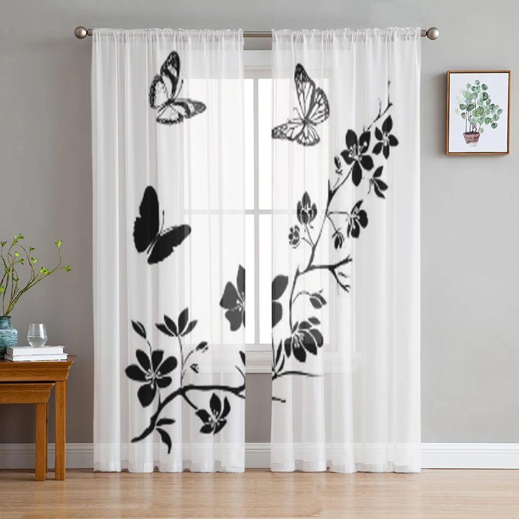 Rideaux en Tulle à motif de Branches de libellule, rideau transparent suspendu pour chambre de garçons et filles, salon et cuisine, en gaze