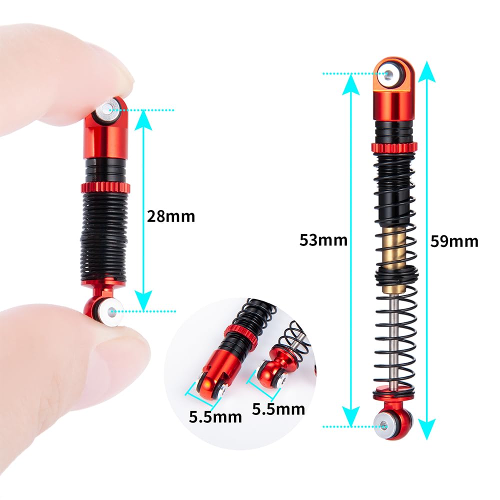 Four 53mm Scale Aluminum Shocks for 1:24 SCX24 RC Crawler (Red + Black)