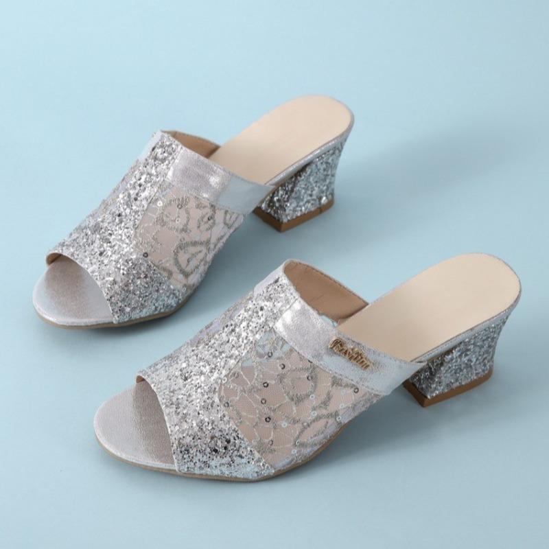 

Fashion Sequin Cloth Block Heel Slippers Summer New Round Toe Open Toe Anti-slip Wear-resistant High Heels 43