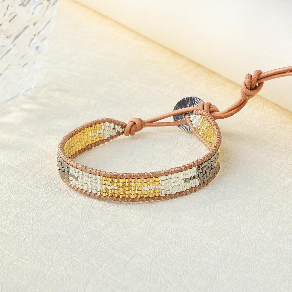 KELITCH Gorgeous Gold Mix Silver Bracelet Leather Handmade Beaded Cuff Bangle