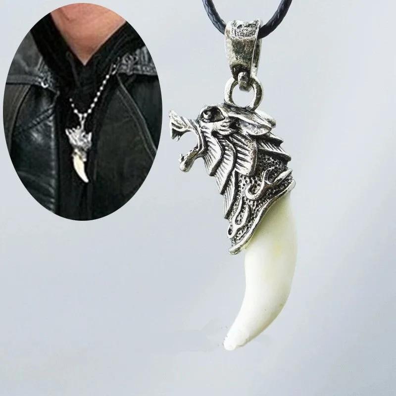 Punk Wolf Tooth Necklace Sturdy Artificial Leather Rope Resin Necklace Retro Cool Spiked Tooth Alloy Pendant Lightweight Jewelry