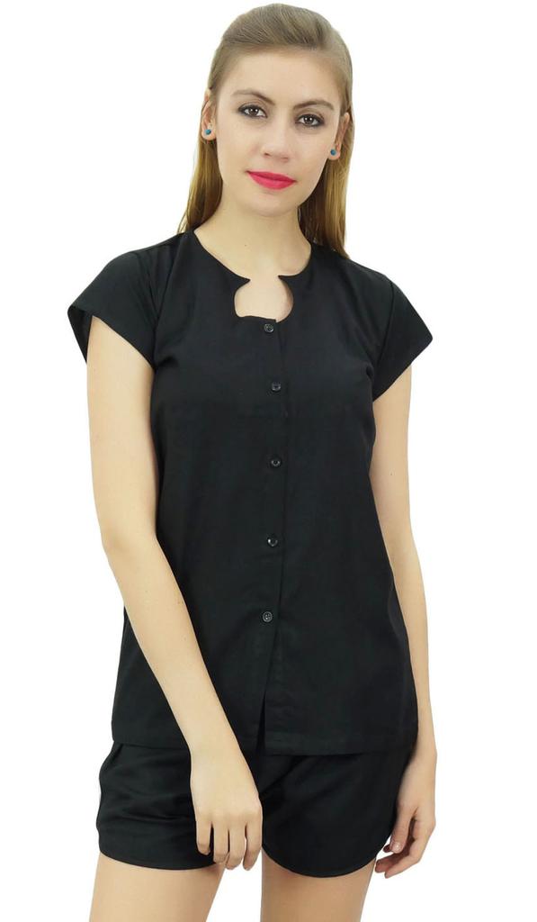 Bimba Womens Black Buttondown Pj 2-Piece Set Shirt & Shorts Night Dress-10