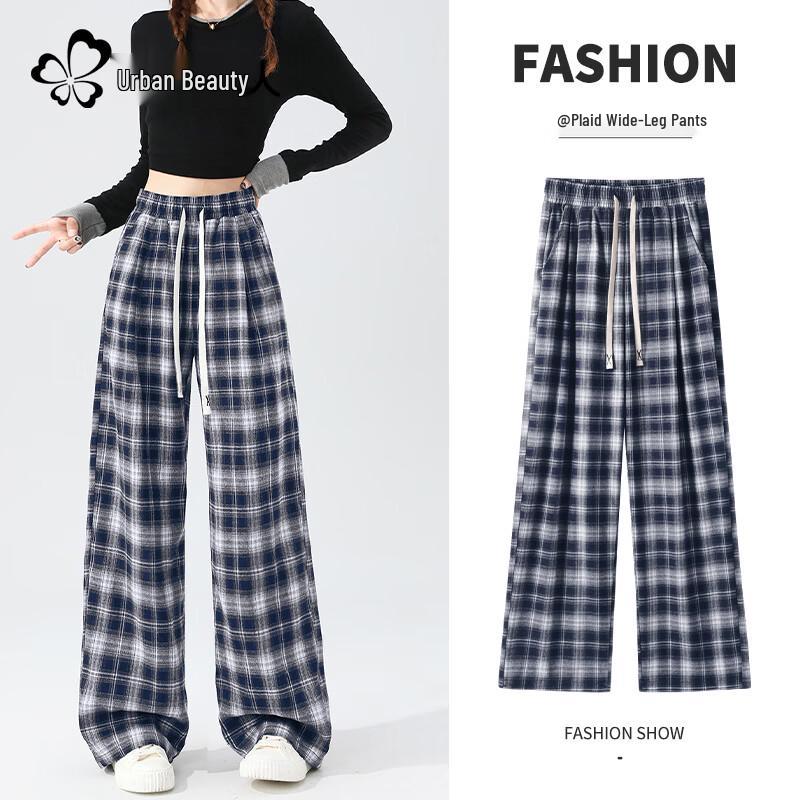 Women's High-Waist Plaid Wide-Leg Pants