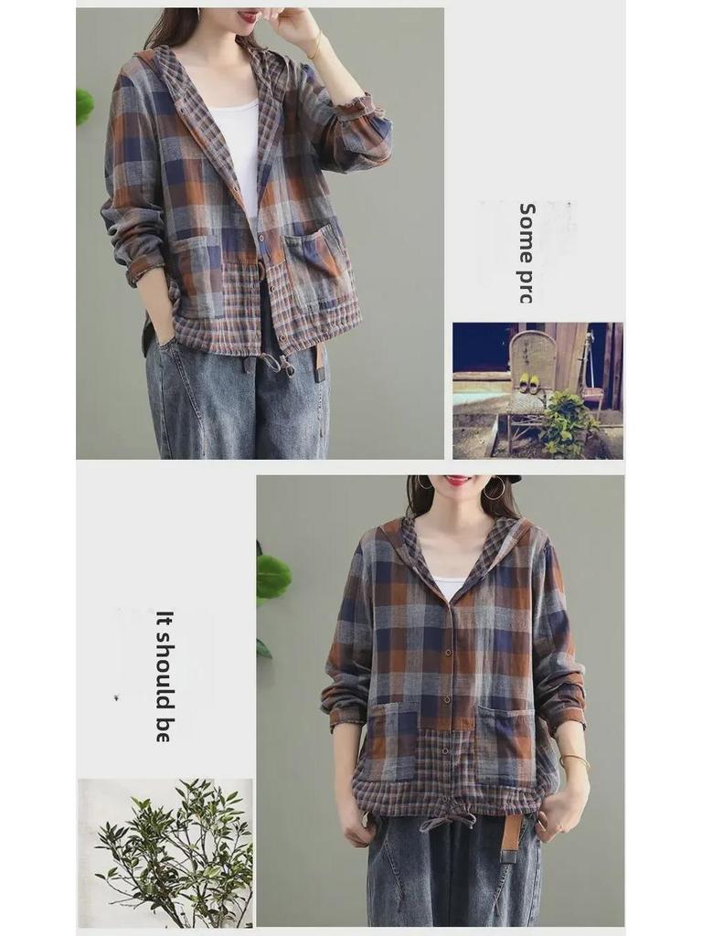 Women's Retro Plaid Hooded Cardigan Shirt