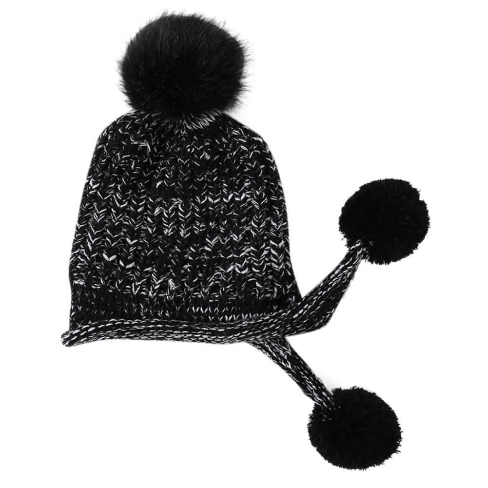 Women Winter Warm Knitted Cap Fleeced Earmuffs Cap with Cute Plush Balls