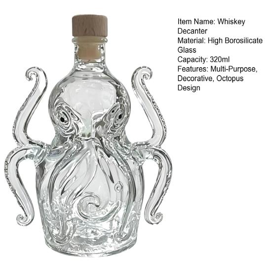 Octopus Whiskey Decanter, Glass Decorative Liquor Bottle, 320ml Whiskey Bottle, Multi-Purpose Decanter for Spirits Men Dad Home Bar
