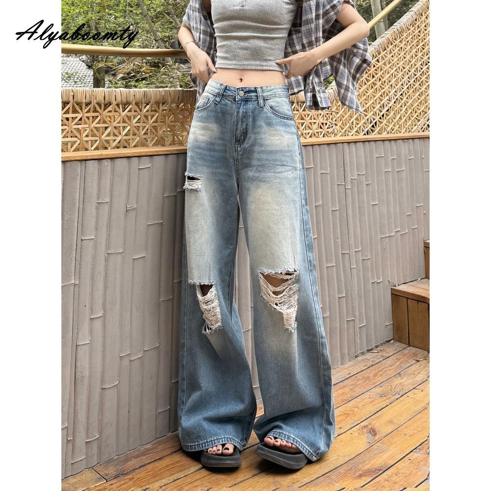 

Женская уличная одежда Харадзюку Прямые джинсы с высокой талией из стираного хлопка с рваными дырами Винтажные джинсовые брюки Стильные крутые синие женские джинсы с широкими штанинами S
