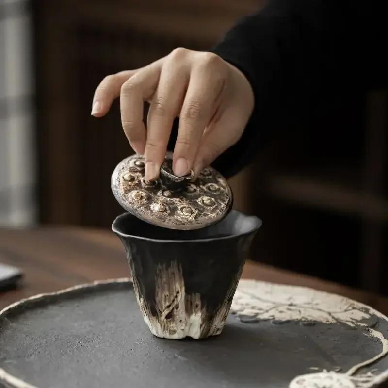 200ml Handmade Embossed Lotus Ceramic Tea TureeWabi Sabi Style Bowl Cover Coarse Ceramic Tea Set Bowl Cover Kung Fu Tea Set Gift