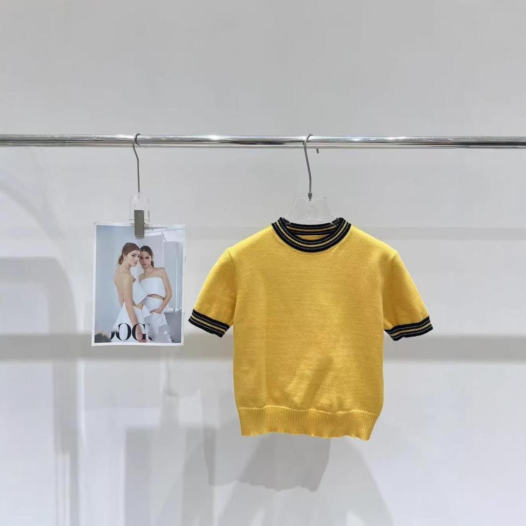 European Style Color Block Round Neck Knit Top - Summer 2026 Collection, Short Sleeve, Versatile, Age-Reducing Casual Wear
