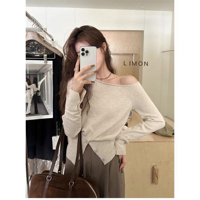 

Дизайнерский вязаный топ с косым вырезом на одно плечо: Женский приталенный лонгслив, Коллекция Осень/Зима, Маленький размер, Элегантная и Универсальная Мода One Size абрикосовый