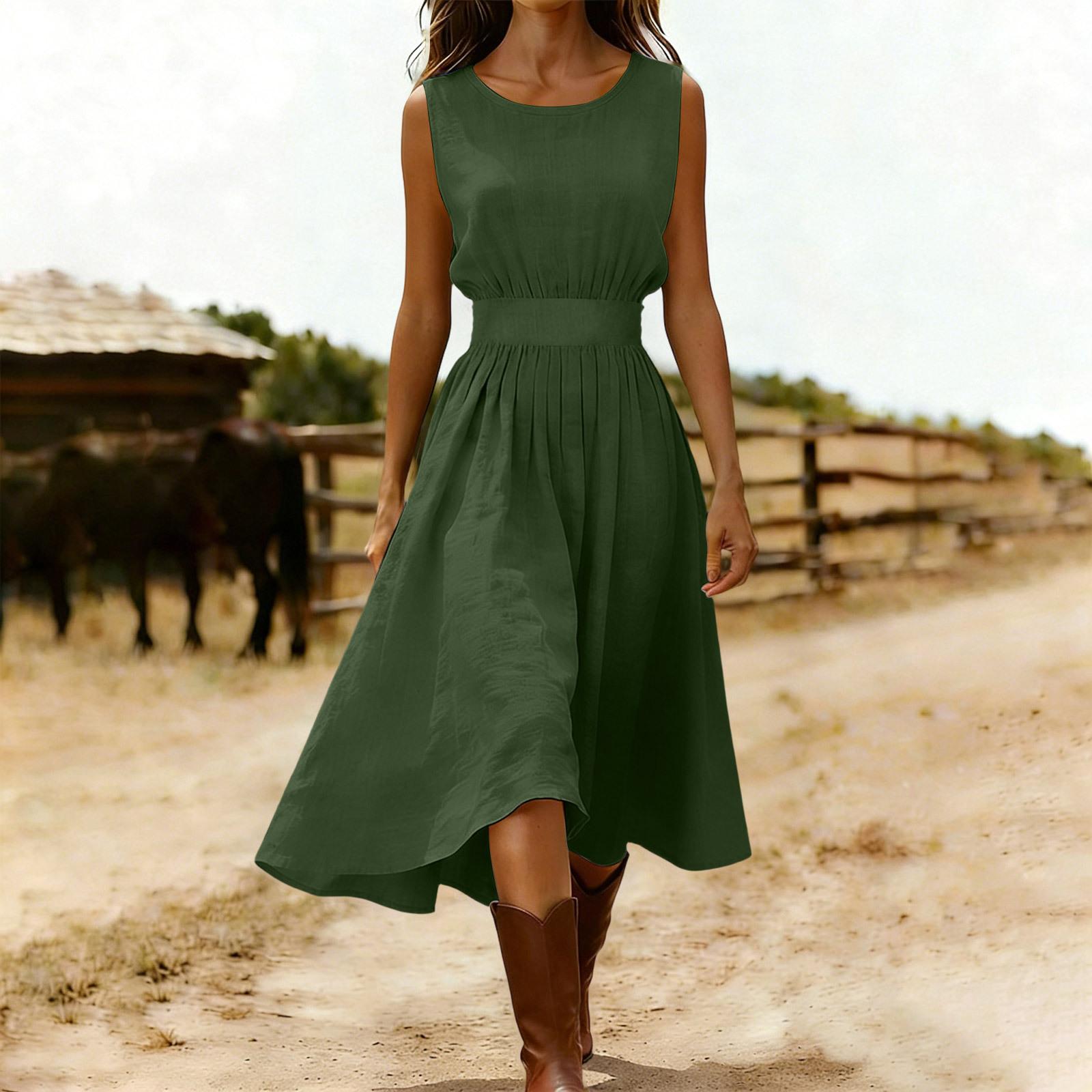 

Women s Summer Fashionable Round Neck Waist Cinched Casual Sleeveless Cotton And Linen Loose Vacation Dress L армия зеленый