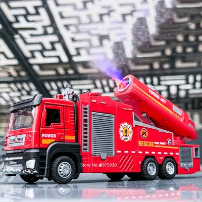 1/32 Spray Fire Engineering Truck Car Toy Model Alloy Diecast Doors Opened Sound Light Rubber Tires Vehicle Collection Kid Gift