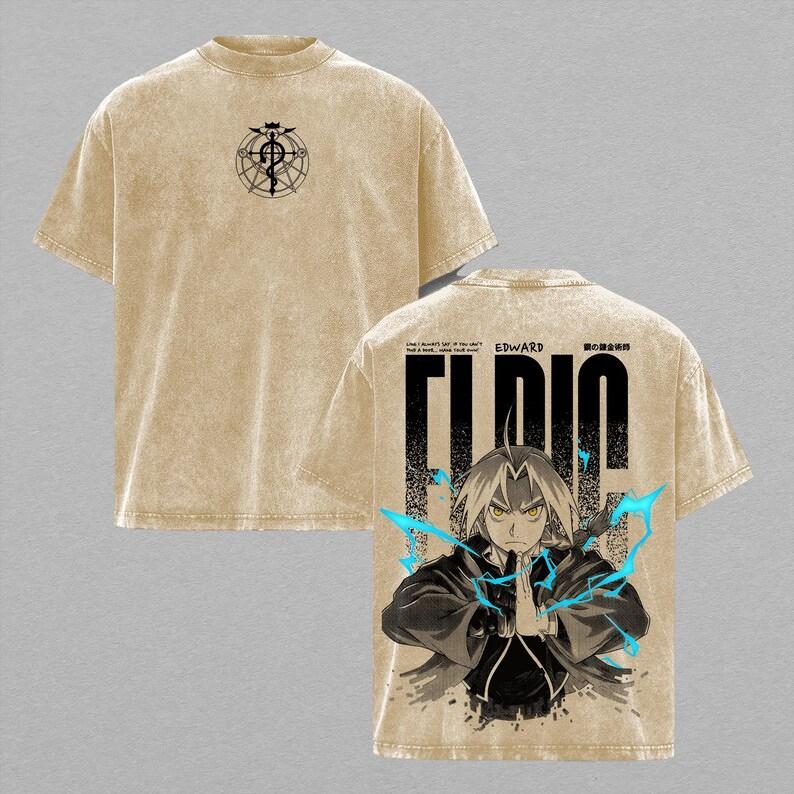 Fullmetal Alchemist Edward Elric Print Tee Men Women Retro Washed T-shirts Cotton T Shirt Short Sleeve Clothing Harajuku Tshirt