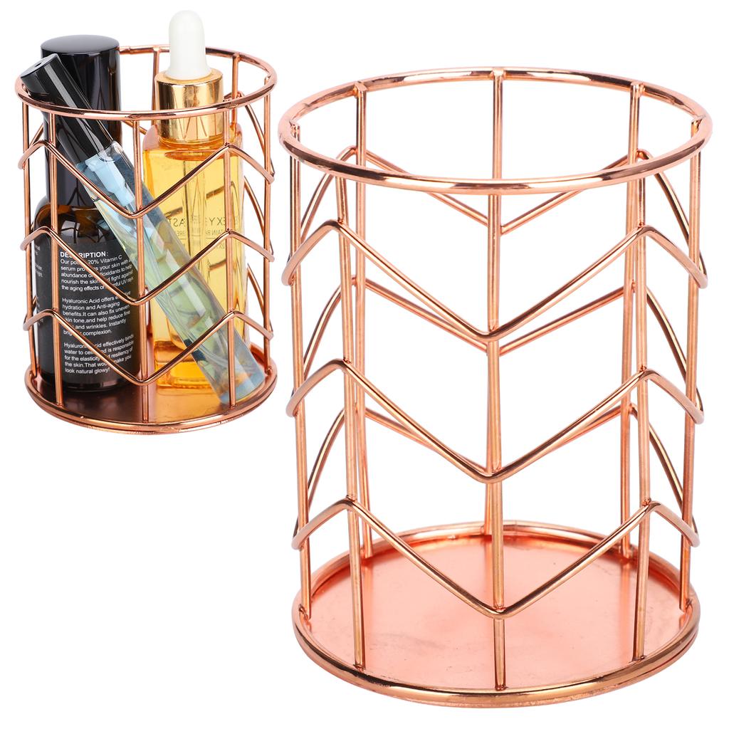 2Pcs Pen Holder Round Rose Gold Desktop Storage Basket Metal Mesh Makeup Organizer Box