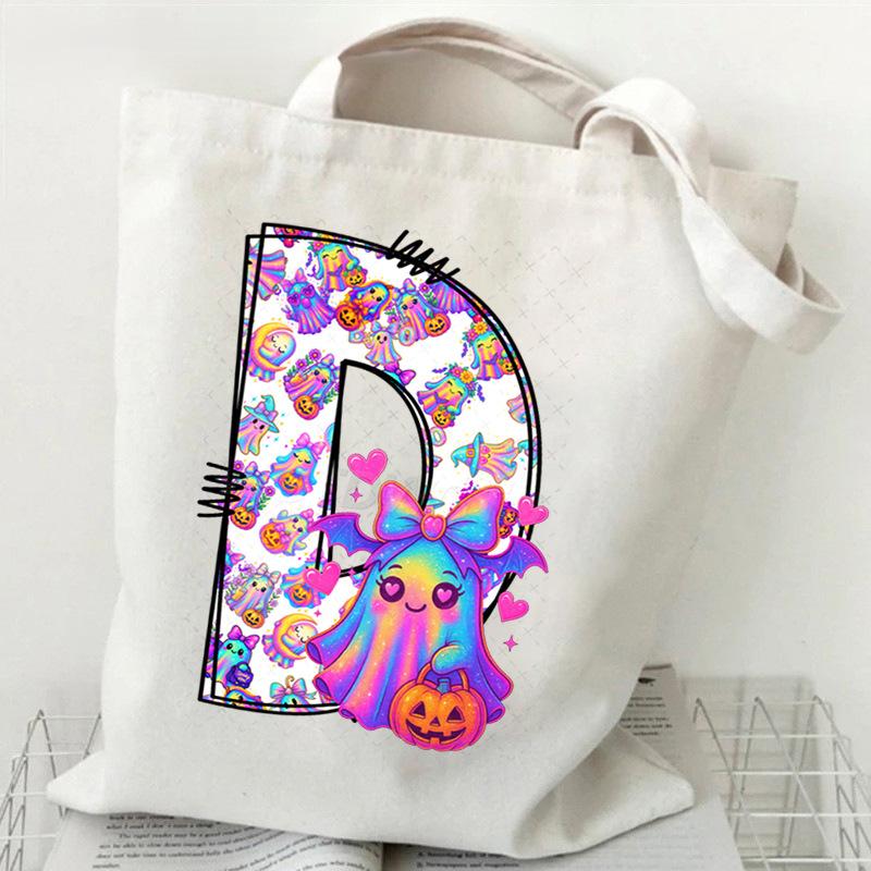 Halloween Alphabet Canvas Bag Going Out Portable Handbag Women's Large Capacity Casual Shoulder Crossbody Bag