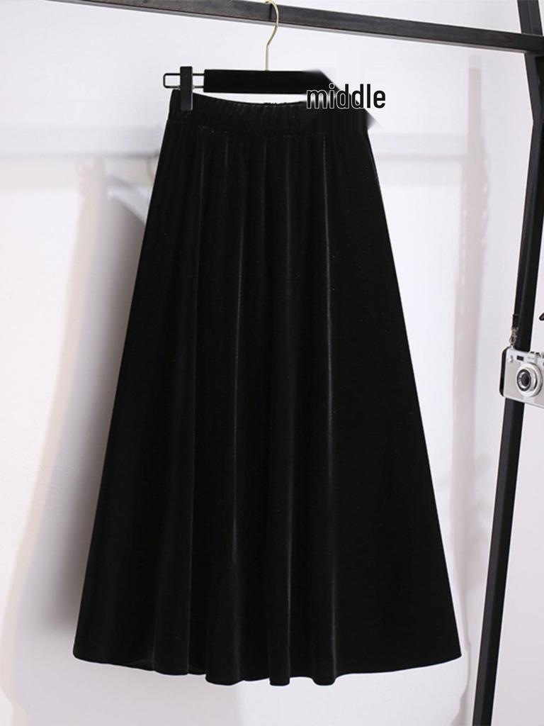 Plus Size High Waist Velvet A-Line Skirt for Women - Spring/Autumn Elastic Waist Slimming Long Skirt