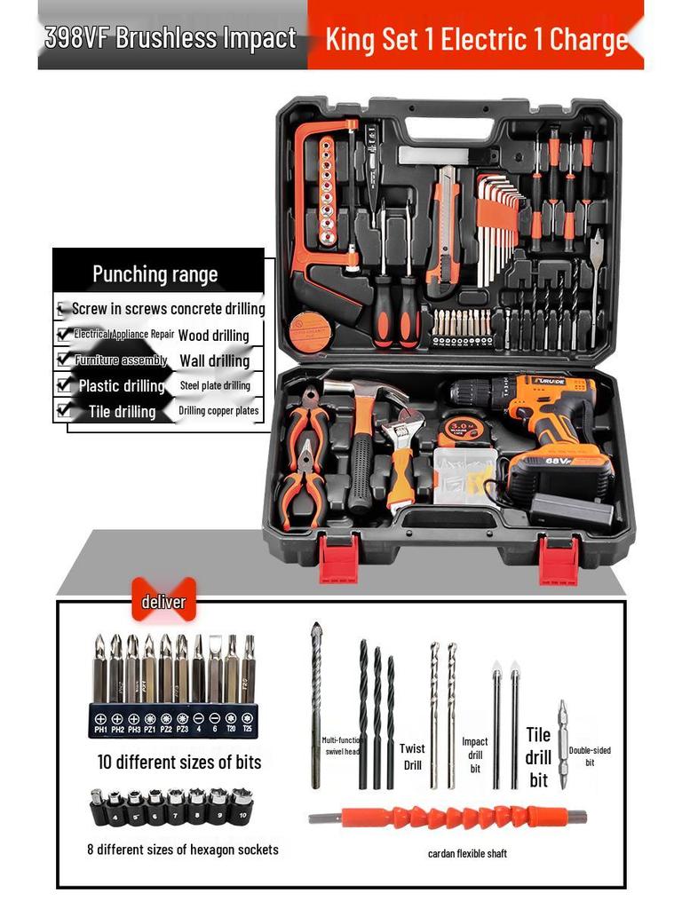 Multifunction Electric Handheld Drill & Screwdriver Set - Impact, Woodworking, Pistol Drills with Toolbox