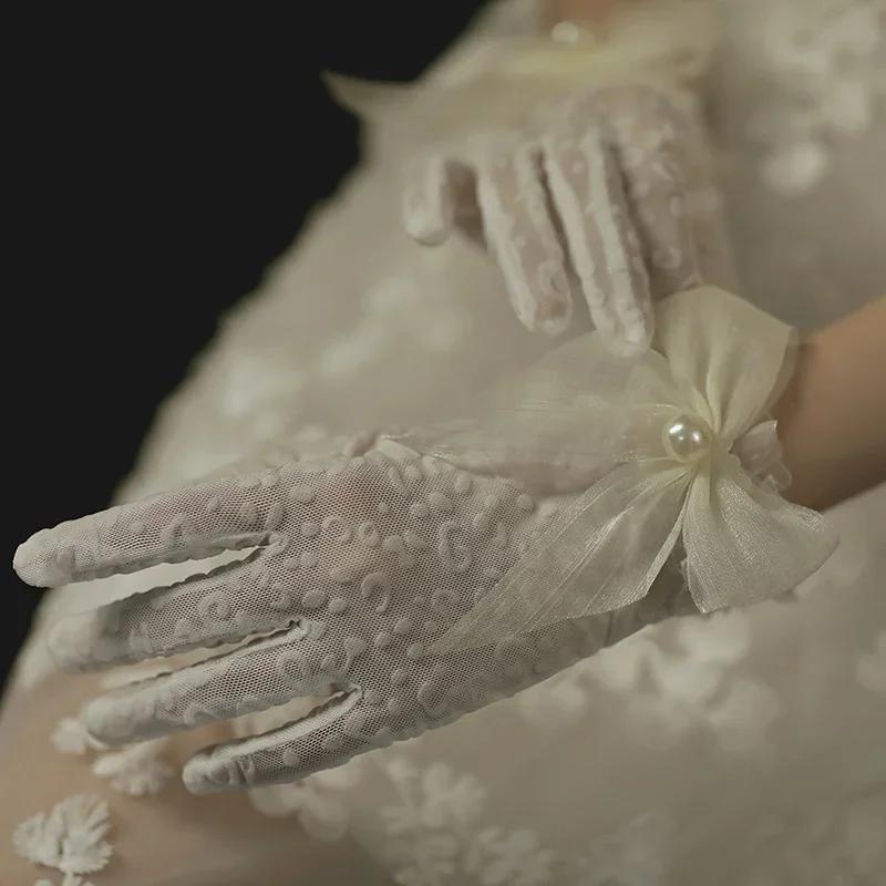 Women Wedding Bridal Short Gloves Net Full Finger See Through Beaded Bow Wrist Length Costume Prom Party Gloves