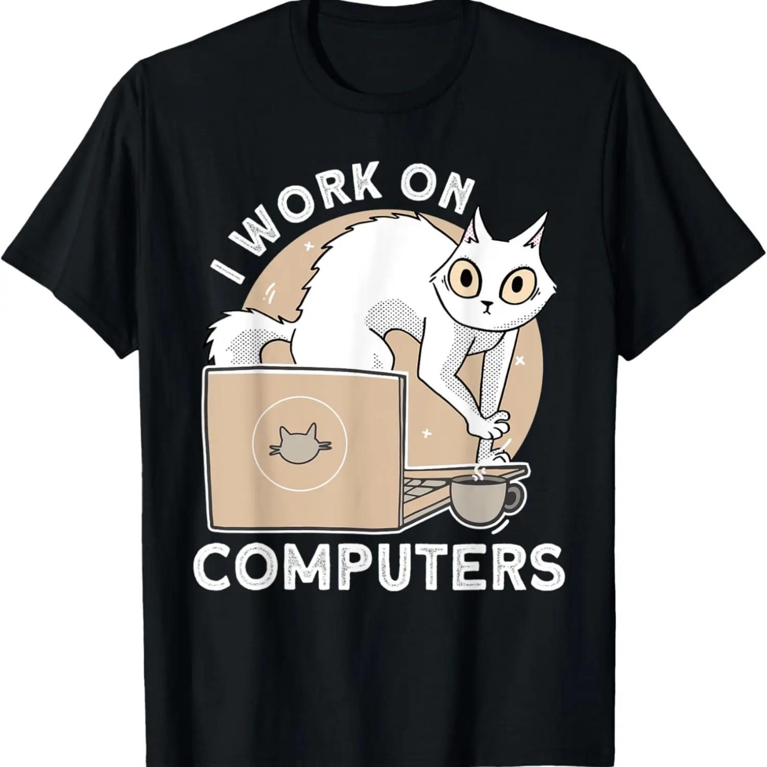 Introvert Computer Cat _ I Work On Computers Cat T-Shirt S