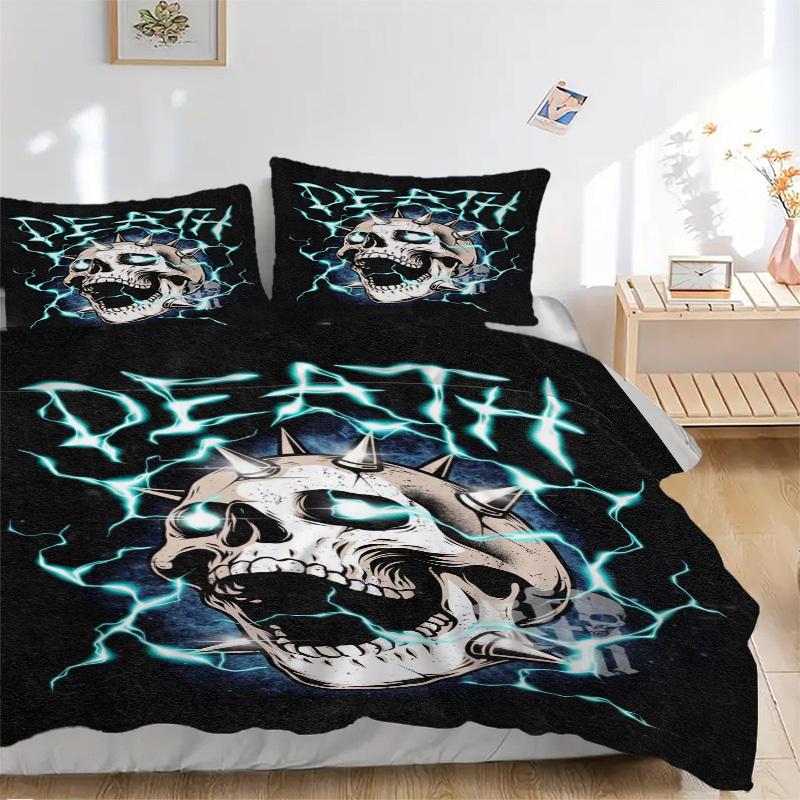 3pcs Death Metal Skull with Electric Lightning - Anime Cartoon Design Bedding Set, Includes One Quilt Cover and Two Pillowcases (No Core), P