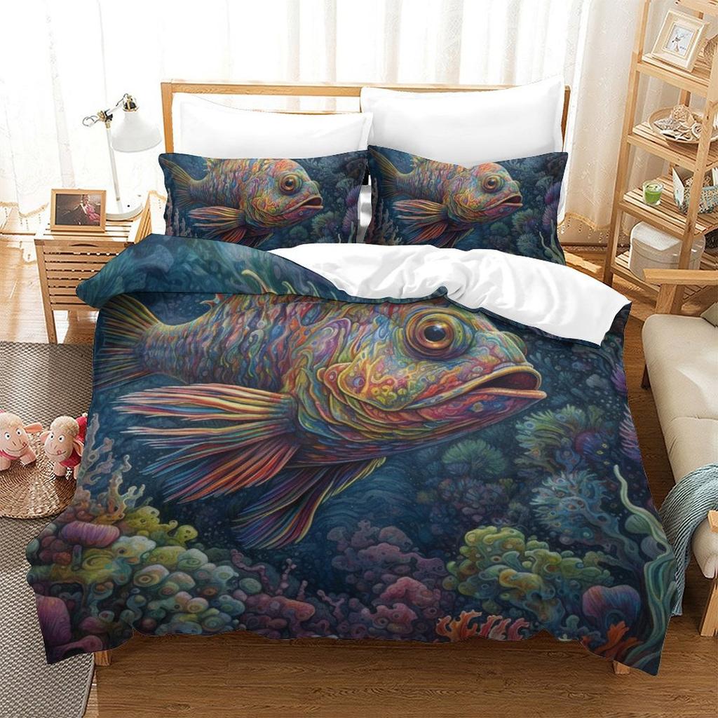 Colorful Fish 3D Digital Printing Polyester Quilt Cover Two Or Three Pieces Can Be