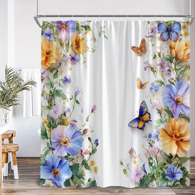 Watercolour Floral Butterflies Shower Curtains Yellow Purple Flower Green Plant Butterfly Minimalist Bathroom Decor Bath Curtain